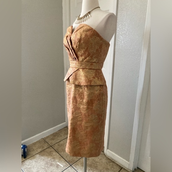 Theia Strapless Sheath Dress Gold Bronze Floral Size 4 - Picture 3 of 14